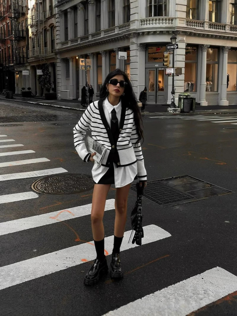 ZARA Black White Striped V Neck Knit Cardigan Minimalist Fashion
